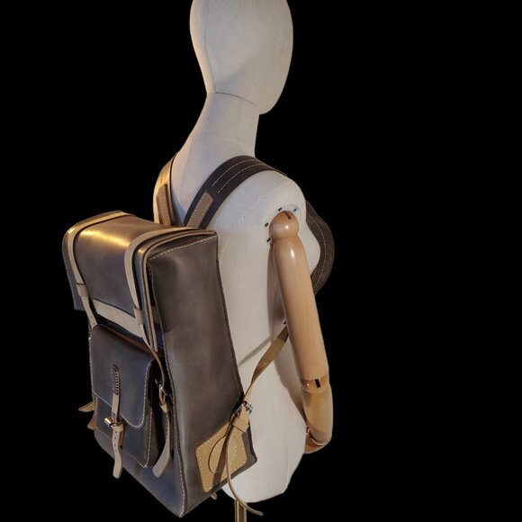 Handcrafted Retro Military Style Backpack Large Capacity Grey and Beige - Picture 5 of 8